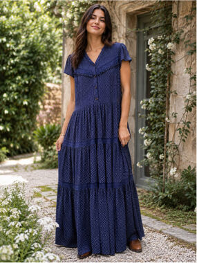 April Cornell Maxi Dress Women XL Tiered Lace Prairie Cottagecore Romantic Navy